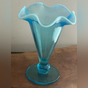 Vintage Fenton glass Vase Blue Opalescent trumpet ruffled Rim 8”